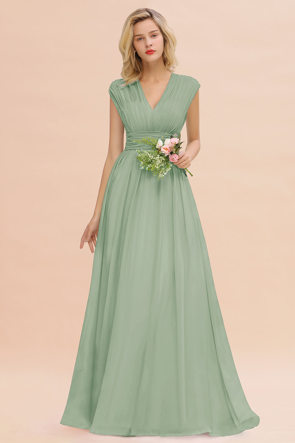 Elegant Chiffon V-Neck Ruffle Long Bridesmaid Dresses Affordable