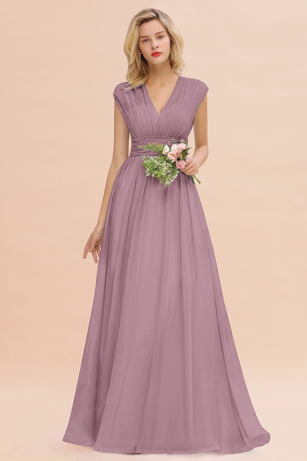 Elegant Chiffon V-Neck Ruffle Long Bridesmaid Dresses Affordable