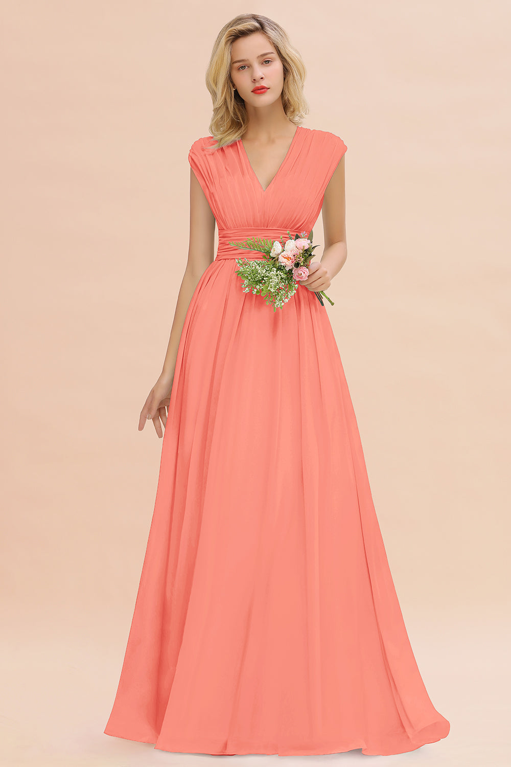 Elegant Chiffon V-Neck Ruffle Long Bridesmaid Dresses Affordable