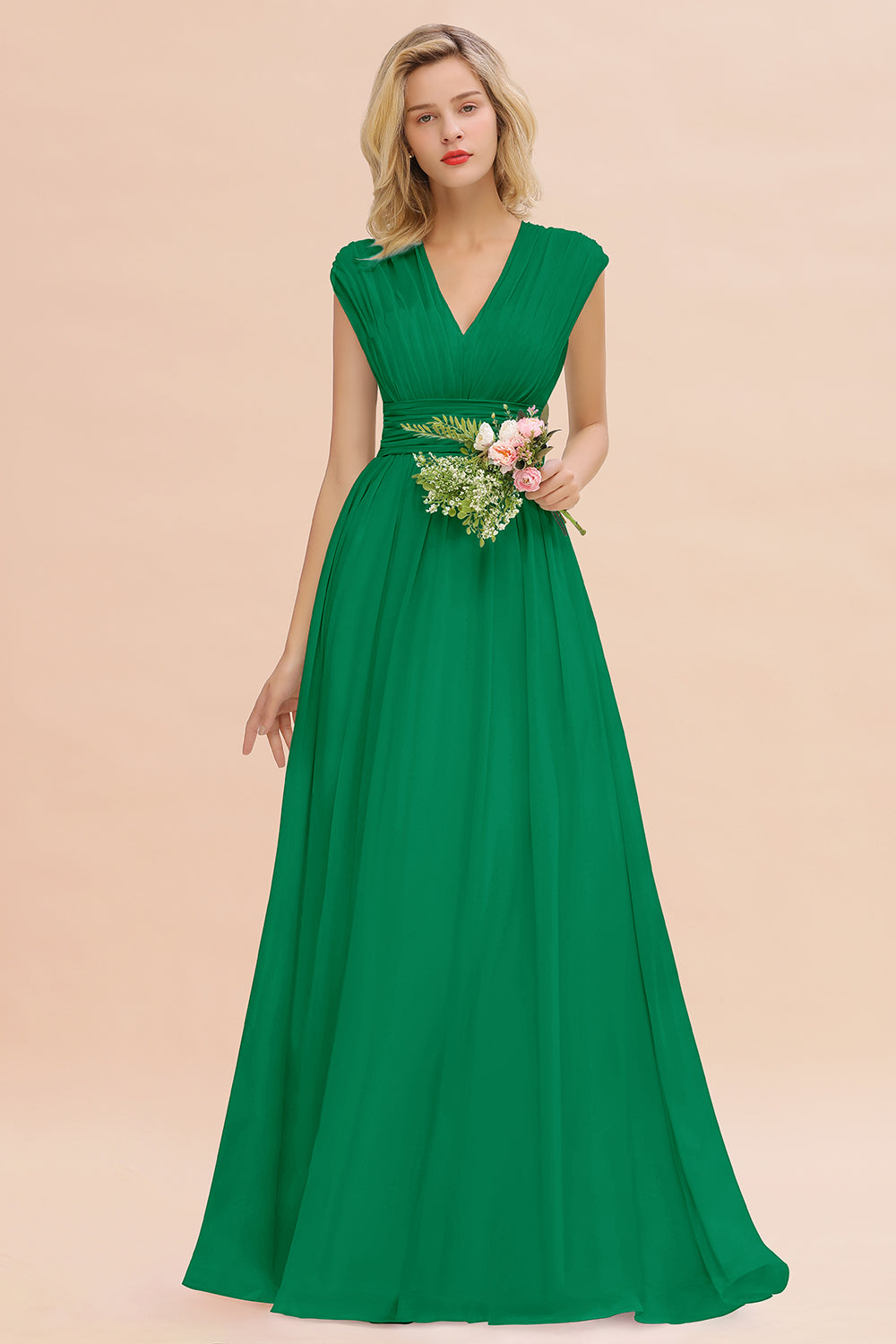 Elegant Chiffon V-Neck Ruffle Long Bridesmaid Dresses Affordable