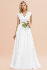 Elegant Chiffon V-Neck Ruffle Long Bridesmaid Dresses Affordable