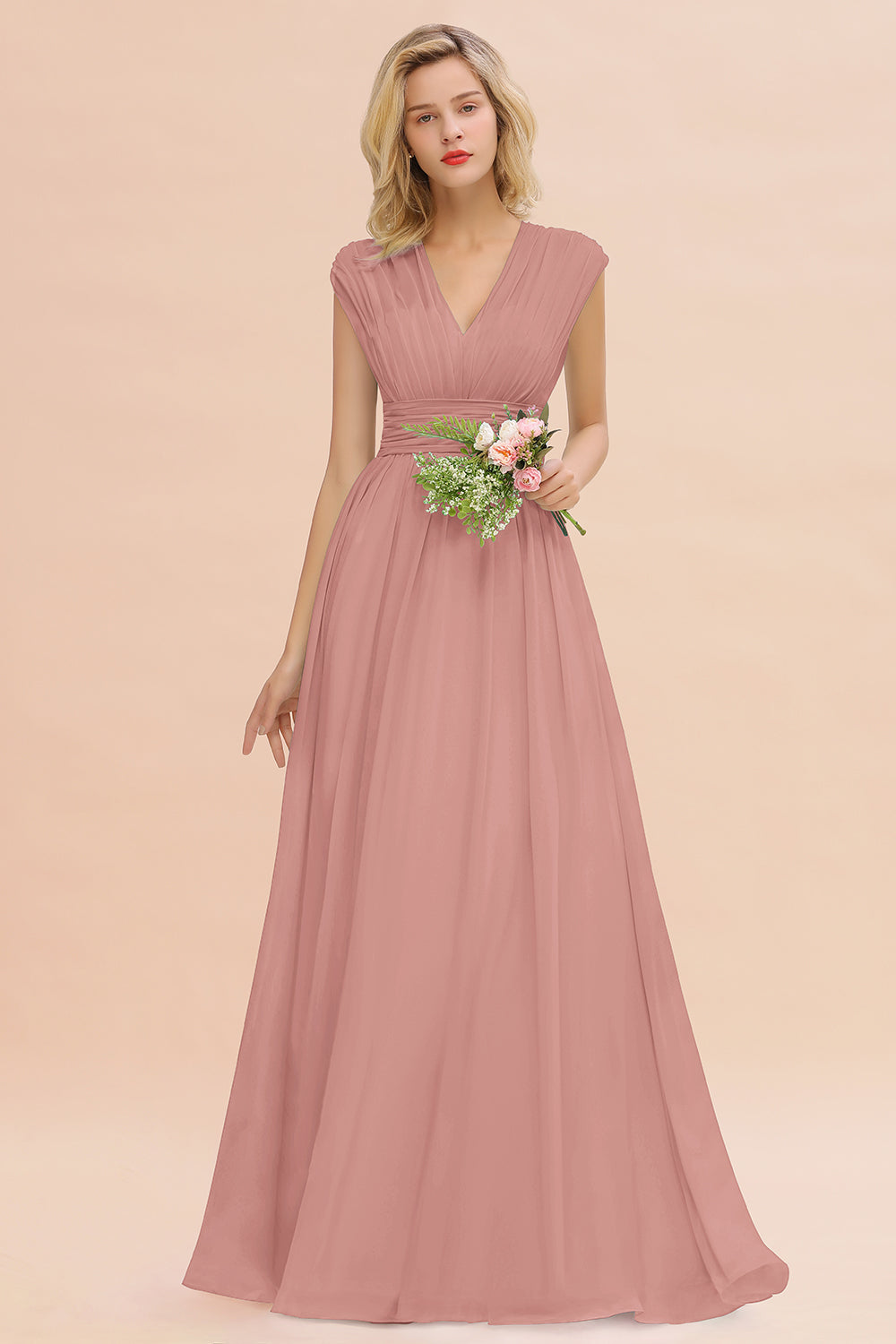 Elegant Chiffon V-Neck Ruffle Long Bridesmaid Dresses Affordable