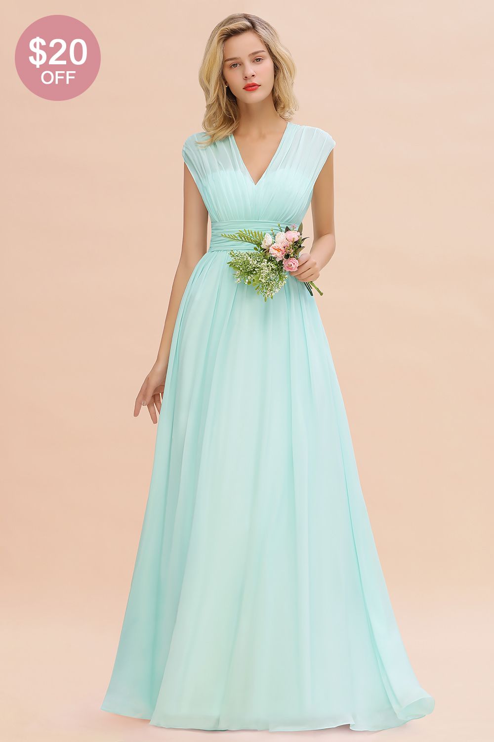 Elegant Chiffon V-Neck Ruffle Long Bridesmaid Dresses Affordable