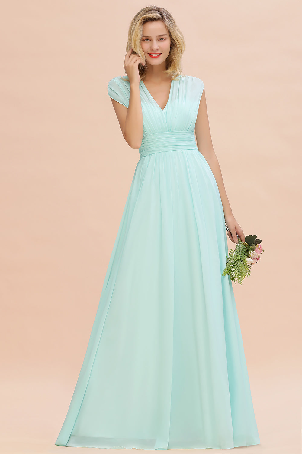 Elegant Chiffon V-Neck Ruffle Long Bridesmaid Dresses Affordable