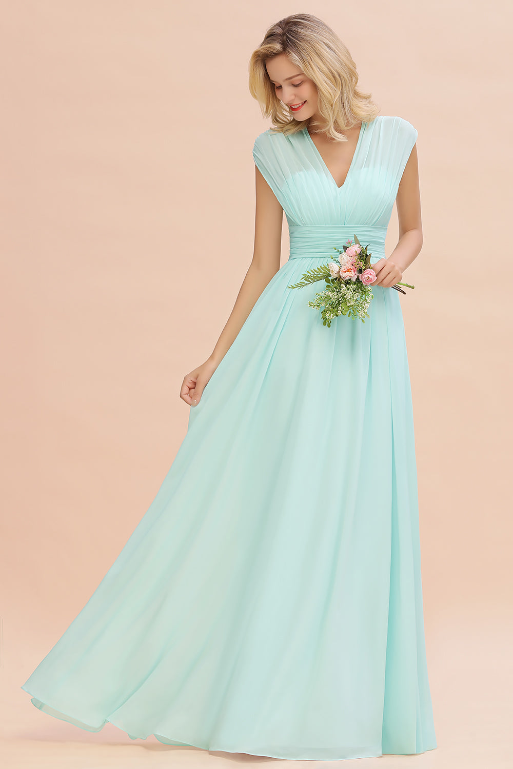 Elegant Chiffon V-Neck Ruffle Long Bridesmaid Dresses Affordable