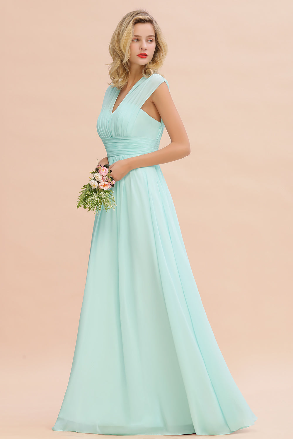 Elegant Chiffon V-Neck Ruffle Long Bridesmaid Dresses Affordable