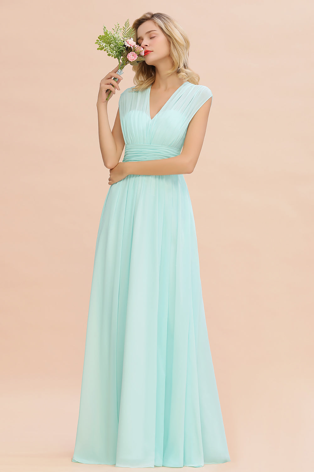 Elegant Chiffon V-Neck Ruffle Long Bridesmaid Dresses Affordable