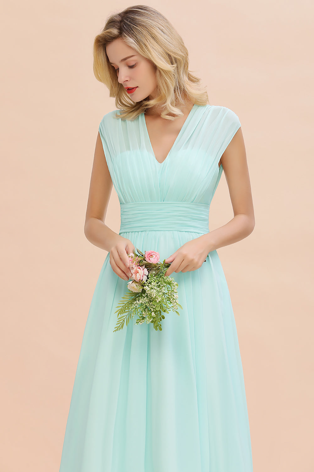 Elegant Chiffon V-Neck Ruffle Long Bridesmaid Dresses Affordable