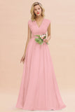 Elegant Chiffon V-Neck Ruffle Long Bridesmaid Dresses Affordable