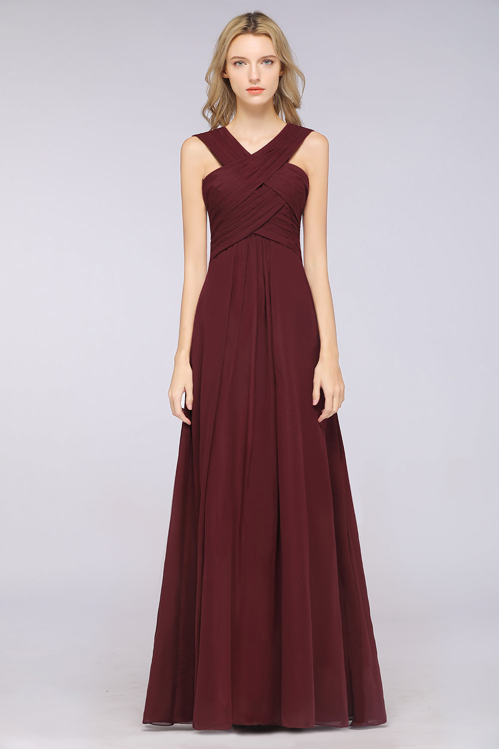 Elegant Chiffon V-Neck Straps Crisscross Burgundy Bridesmaid Dress with Ruffle