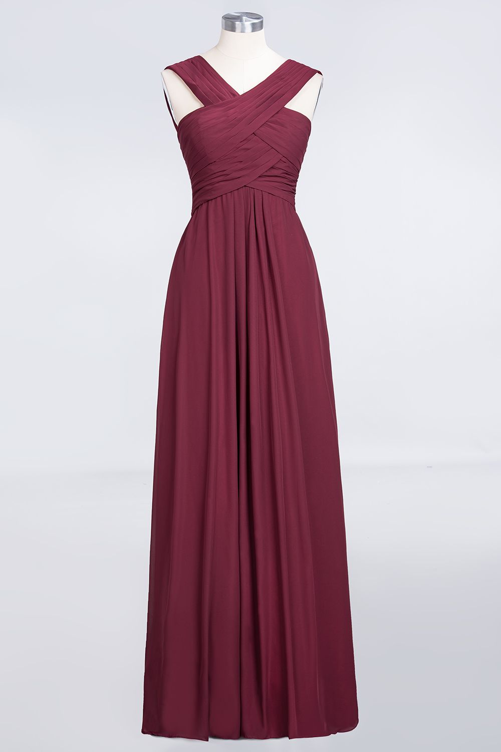 Elegant Chiffon V-Neck Straps Crisscross Burgundy Bridesmaid Dress with Ruffle