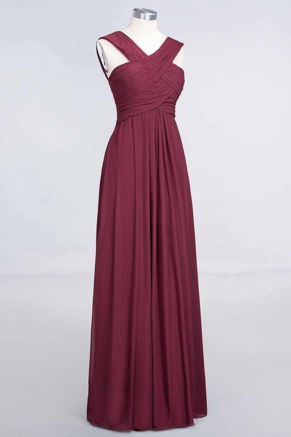 Elegant Chiffon V-Neck Straps Crisscross Burgundy Bridesmaid Dress with Ruffle