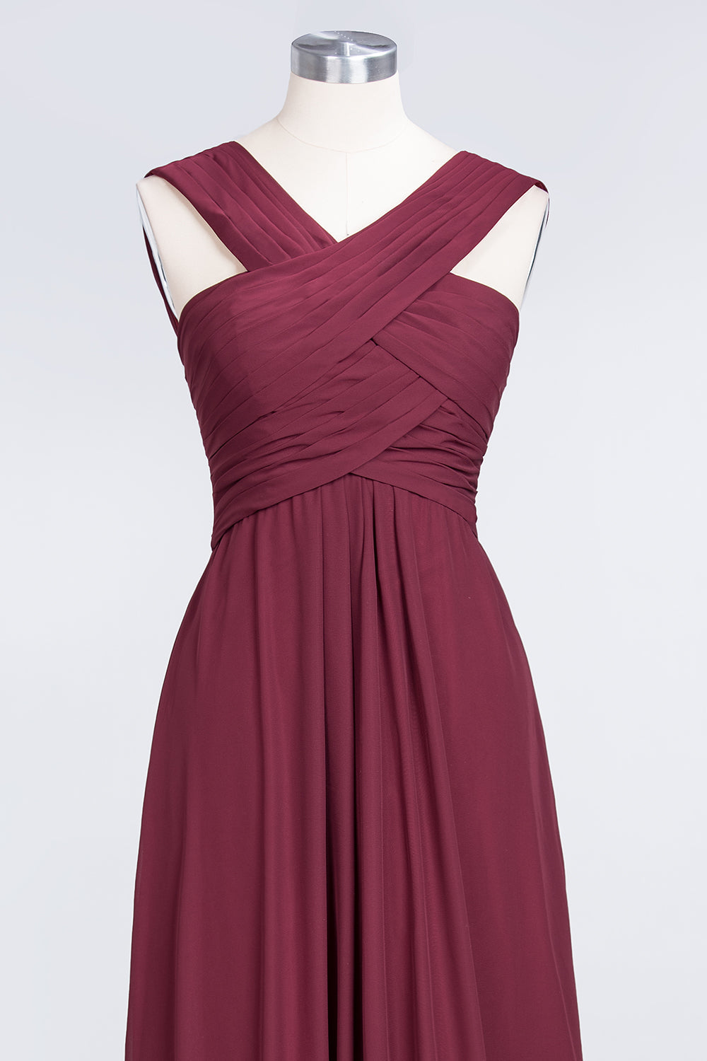 Elegant Chiffon V-Neck Straps Crisscross Burgundy Bridesmaid Dress with Ruffle