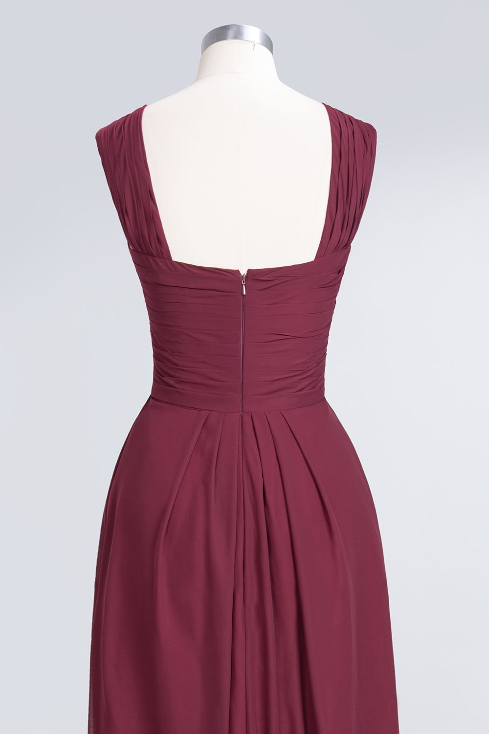 Elegant Chiffon V-Neck Straps Crisscross Burgundy Bridesmaid Dress with Ruffle