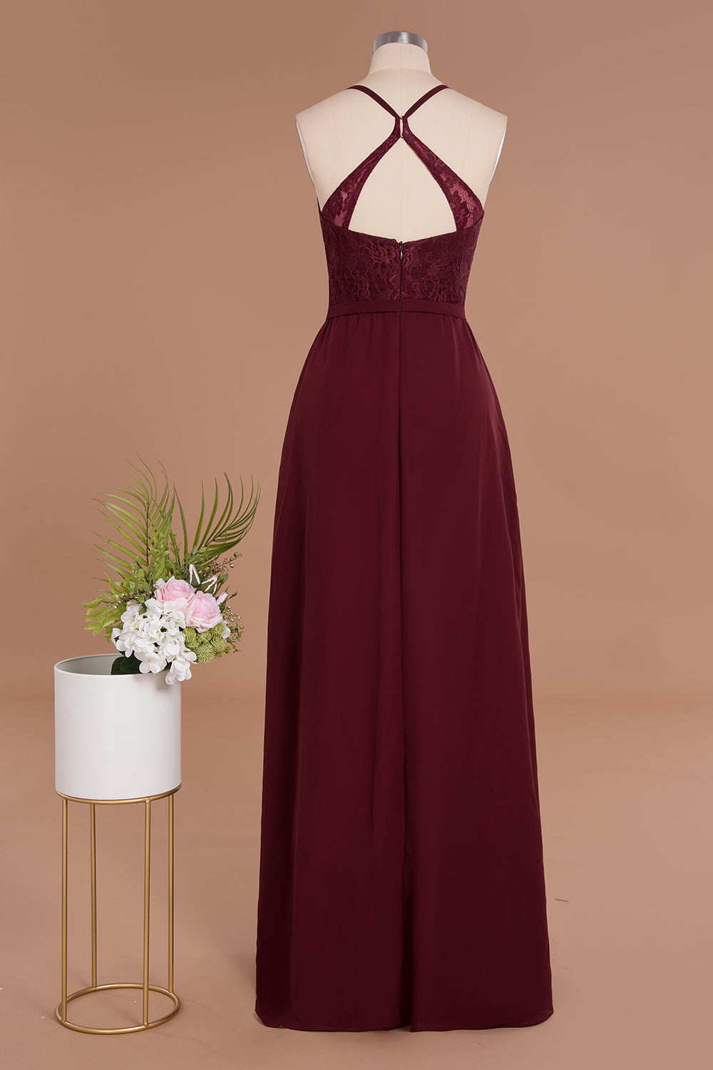 Elegant CrissCross Back Burgundy Lace Bridesmaid Dress With Spaghetti Straps