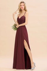 Elegant CrissCross Back Burgundy Lace Bridesmaid Dress With Spaghetti Straps