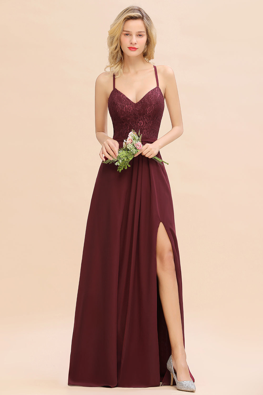 Elegant CrissCross Back Burgundy Lace Bridesmaid Dress With Spaghetti Straps