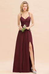 Elegant CrissCross Back Burgundy Lace Bridesmaid Dress With Spaghetti Straps