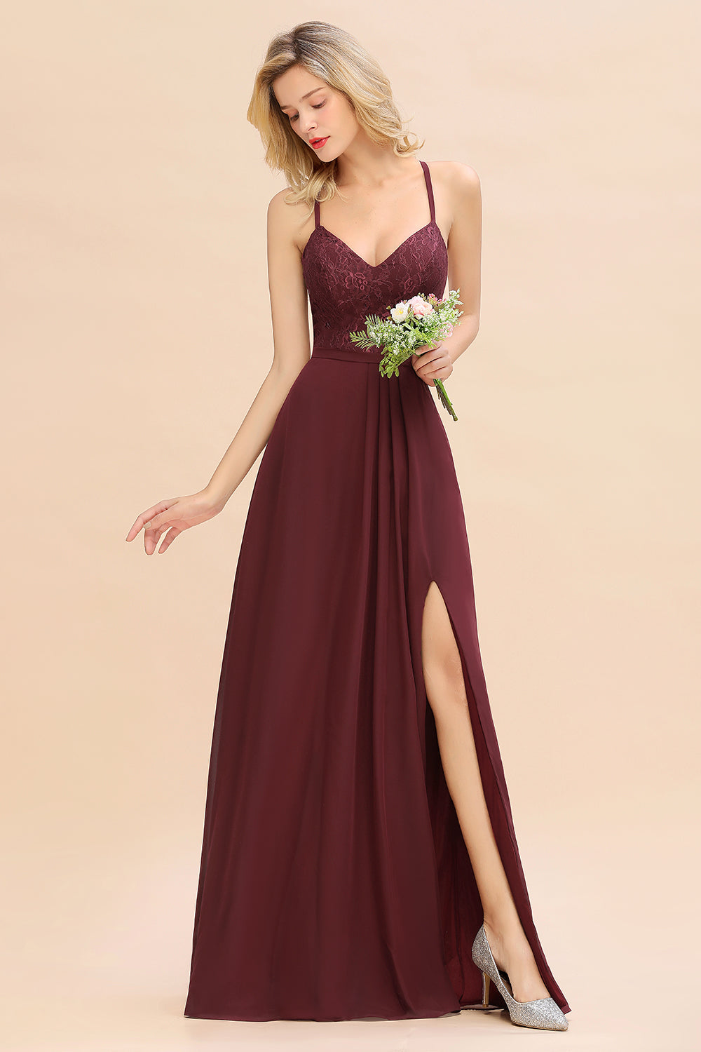Elegant CrissCross Back Burgundy Lace Bridesmaid Dress With Spaghetti Straps