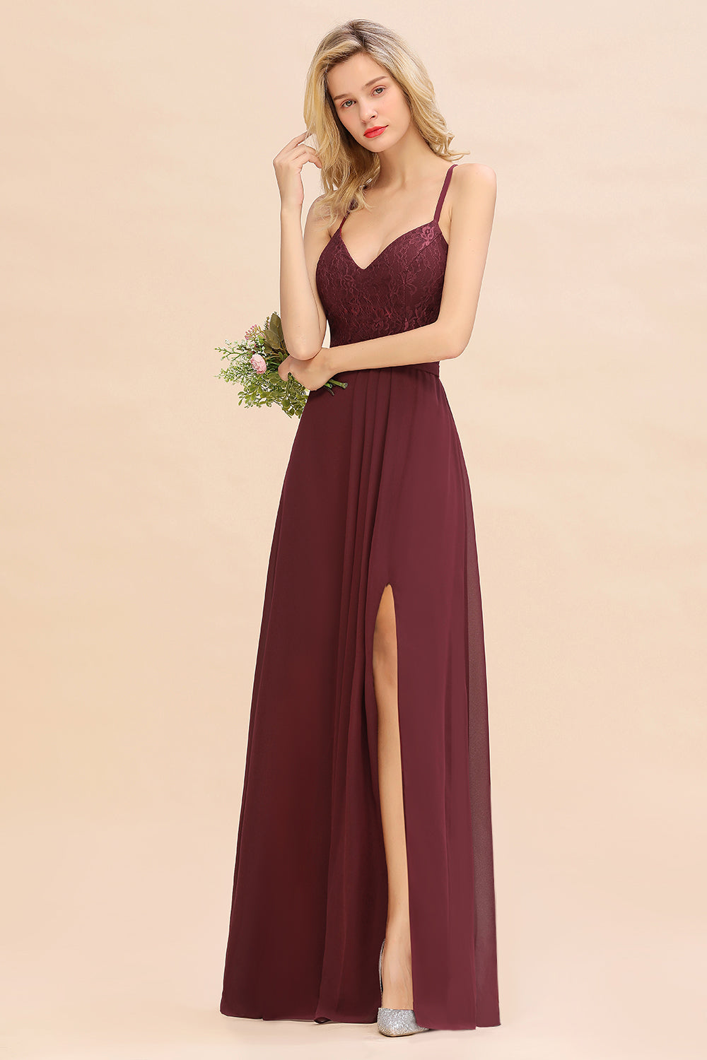 Elegant CrissCross Back Burgundy Lace Bridesmaid Dress With Spaghetti Straps