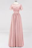 Elegant Dark Navy Long Lace Bridesmaid Dresses with Short-Sleeves