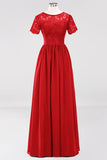 Elegant Dark Navy Long Lace Bridesmaid Dresses with Short-Sleeves