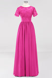 Elegant Dark Navy Long Lace Bridesmaid Dresses with Short-Sleeves
