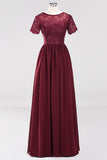 Elegant Dark Navy Long Lace Bridesmaid Dresses with Short-Sleeves