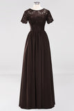 Elegant Dark Navy Long Lace Bridesmaid Dresses with Short-Sleeves