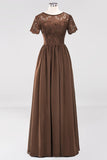 Elegant Dark Navy Long Lace Bridesmaid Dresses with Short-Sleeves