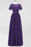 Elegant Dark Navy Long Lace Bridesmaid Dresses with Short-Sleeves