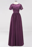 Elegant Dark Navy Long Lace Bridesmaid Dresses with Short-Sleeves