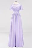 Elegant Dark Navy Long Lace Bridesmaid Dresses with Short-Sleeves