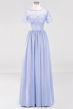 Elegant Dark Navy Long Lace Bridesmaid Dresses with Short-Sleeves