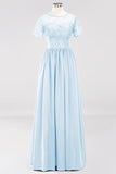 Elegant Dark Navy Long Lace Bridesmaid Dresses with Short-Sleeves