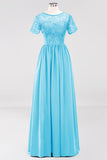 Elegant Dark Navy Long Lace Bridesmaid Dresses with Short-Sleeves