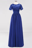 Elegant Dark Navy Long Lace Bridesmaid Dresses with Short-Sleeves