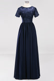 Elegant Dark Navy Long Lace Bridesmaid Dresses with Short-Sleeves