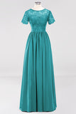 Elegant Dark Navy Long Lace Bridesmaid Dresses with Short-Sleeves