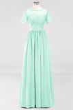 Elegant Dark Navy Long Lace Bridesmaid Dresses with Short-Sleeves