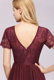 Elegant Dark Navy Long Lace Bridesmaid Dresses with Short-Sleeves