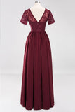 Elegant Dark Navy Long Lace Bridesmaid Dresses with Short-Sleeves