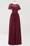 Elegant Dark Navy Long Lace Bridesmaid Dresses with Short-Sleeves