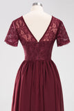 Elegant Dark Navy Long Lace Bridesmaid Dresses with Short-Sleeves