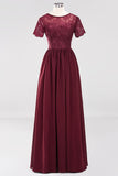Elegant Dark Navy Long Lace Bridesmaid Dresses with Short-Sleeves