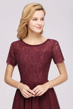 Elegant Dark Navy Long Lace Bridesmaid Dresses with Short-Sleeves