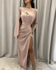 Elegant Slit From Floor-Length Long Sleeves Prom Dress with Ruffles