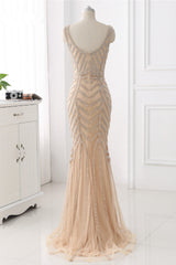 Elegant Gold Tulle V-Neck Sleeveless Prom Dresses with Beadings On Sale