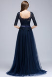 Elegant Half-Sleeves Lace Navy Bridesmaid Dresses with Appliques