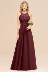 Elegant Halter Ruffles Sleeveless Grape Lace Bridesmaid Dresses Affordable